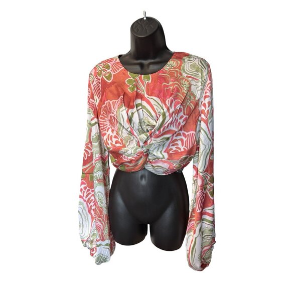 Andrea Iyamah Behati Crop Top Coral Green Balloon‎ Sleeves - Picture 2 of 12